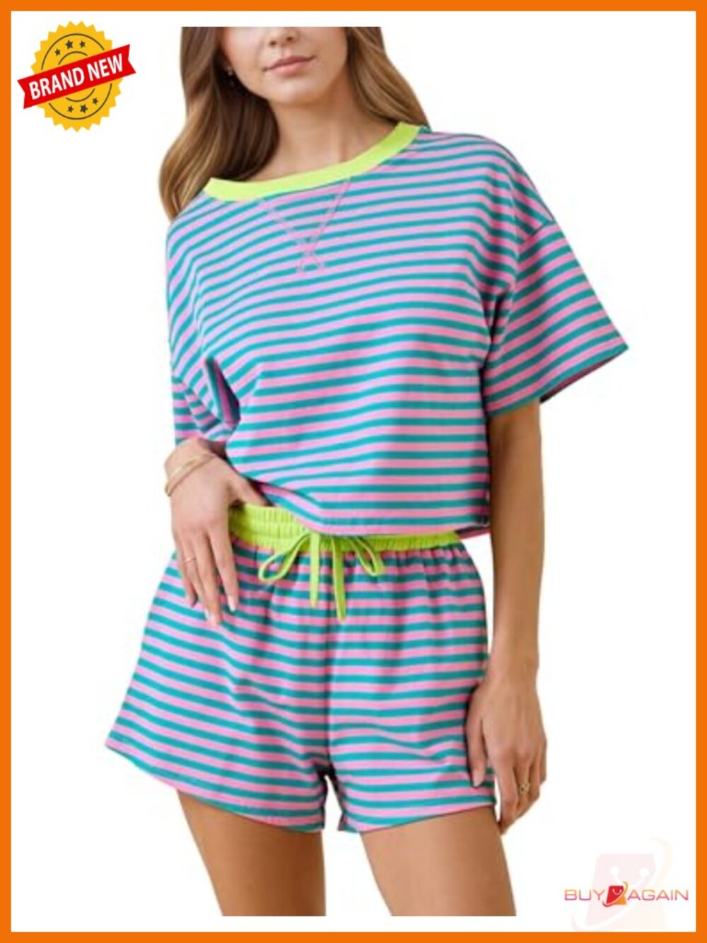 Womens Striped Lounge Set 2 Piece Cotton Blend Short Sleeve Tee & Shorts Pajama